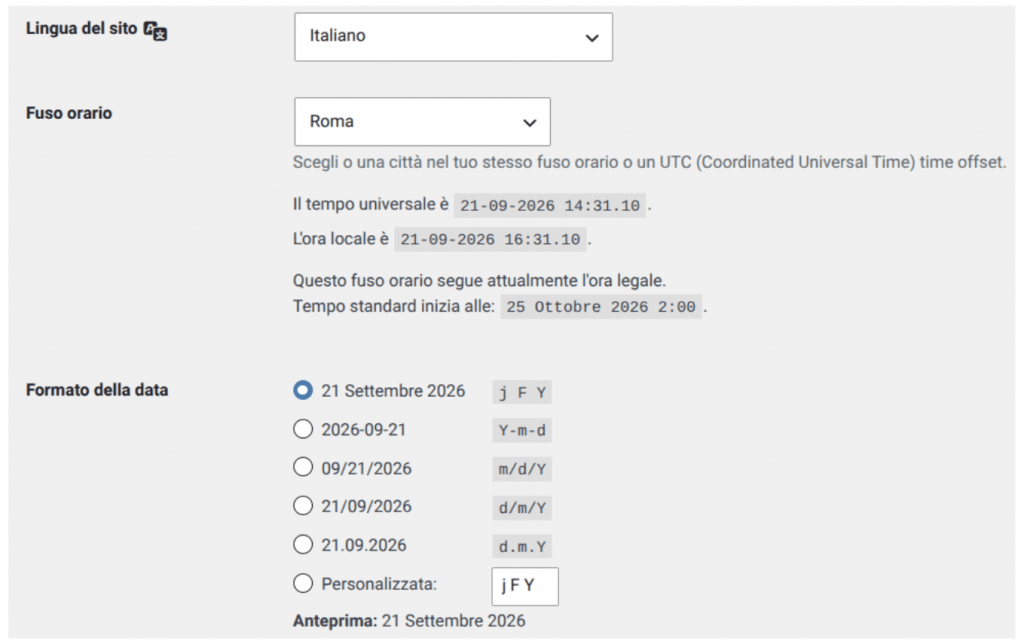 Fuso orario, formato data e lingua su WordPress