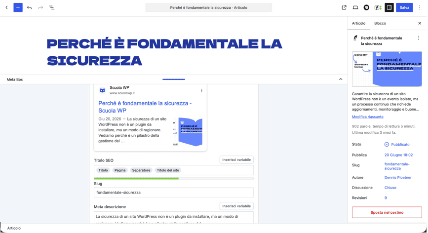 L'anteprima su Google e i campi per titolo SEO, slug e meta description nel plugin Yoast SEO. Screenshot: Scuola WP.