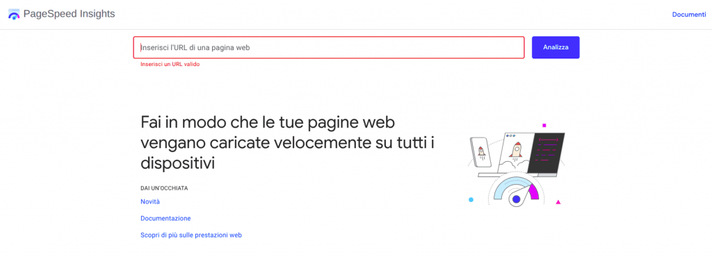 Screenshot della schermata iniziale di PageSpeed Insight