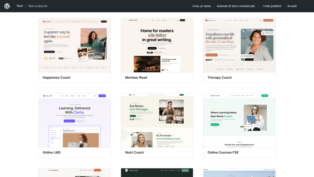 Griglia delle anteprime di alcuni dei temi FSE gratuiti presenti nel repository di WordPress